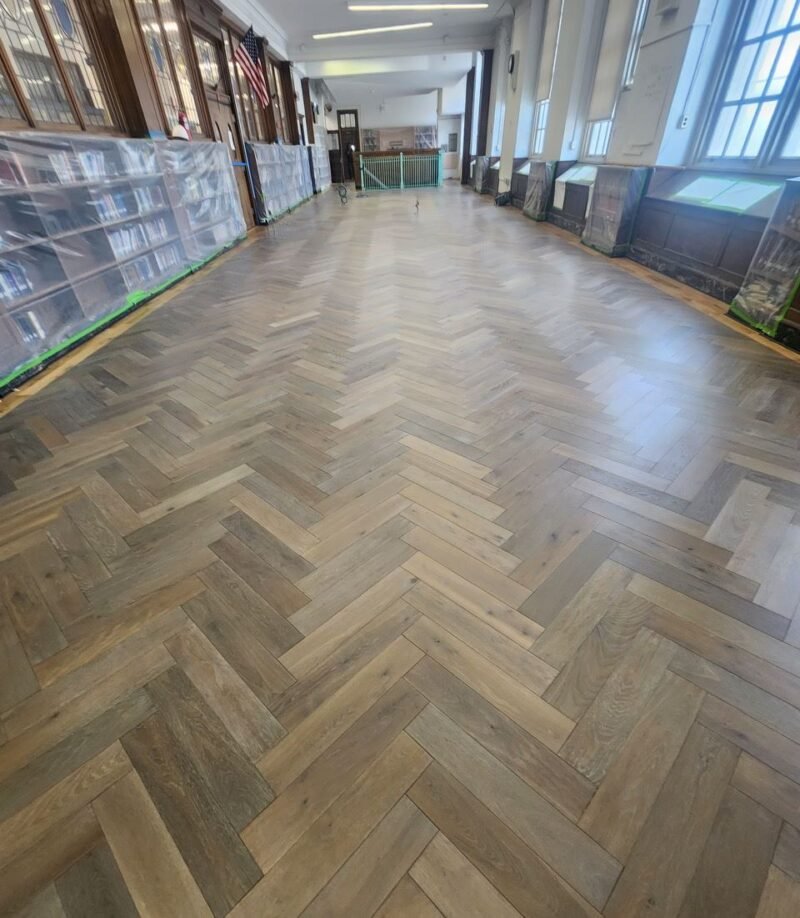 New herringbone oak floor in a historic library