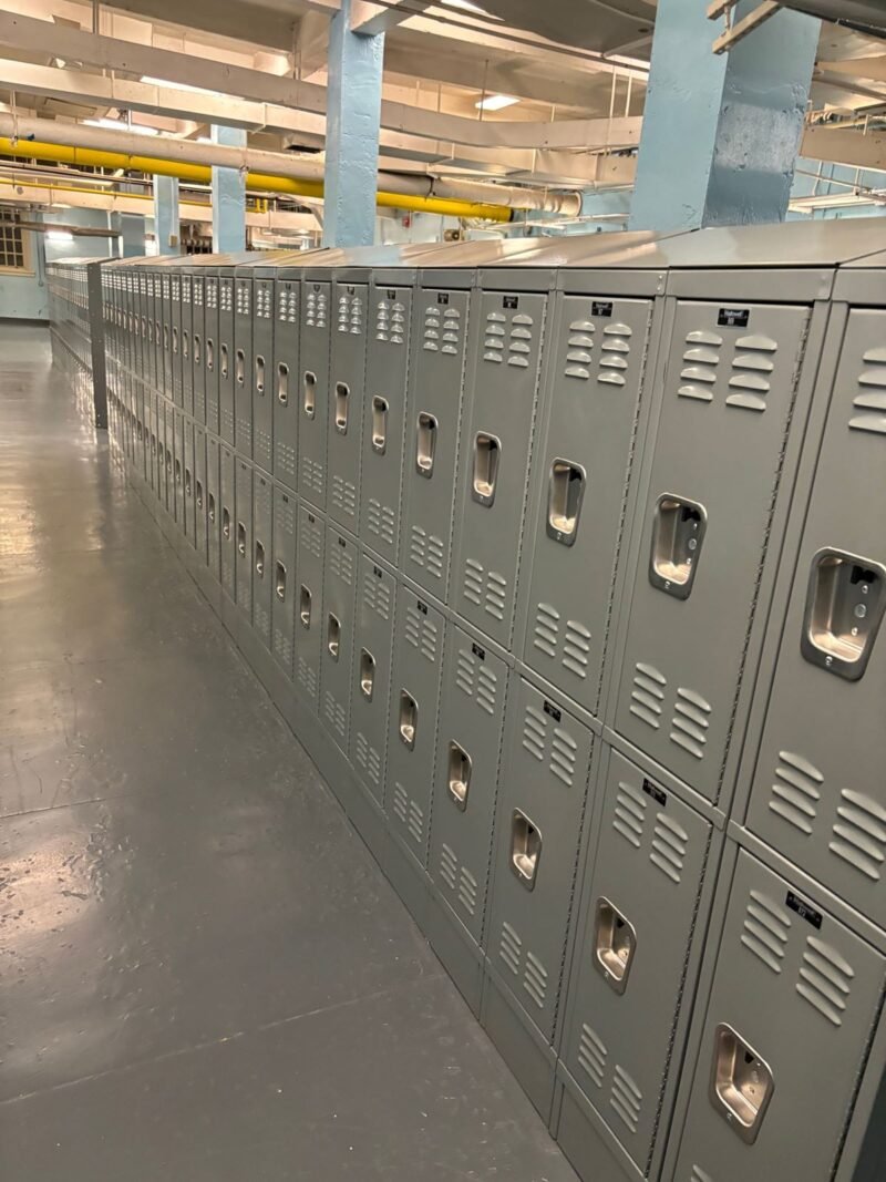 Long run of new grey steel lockers