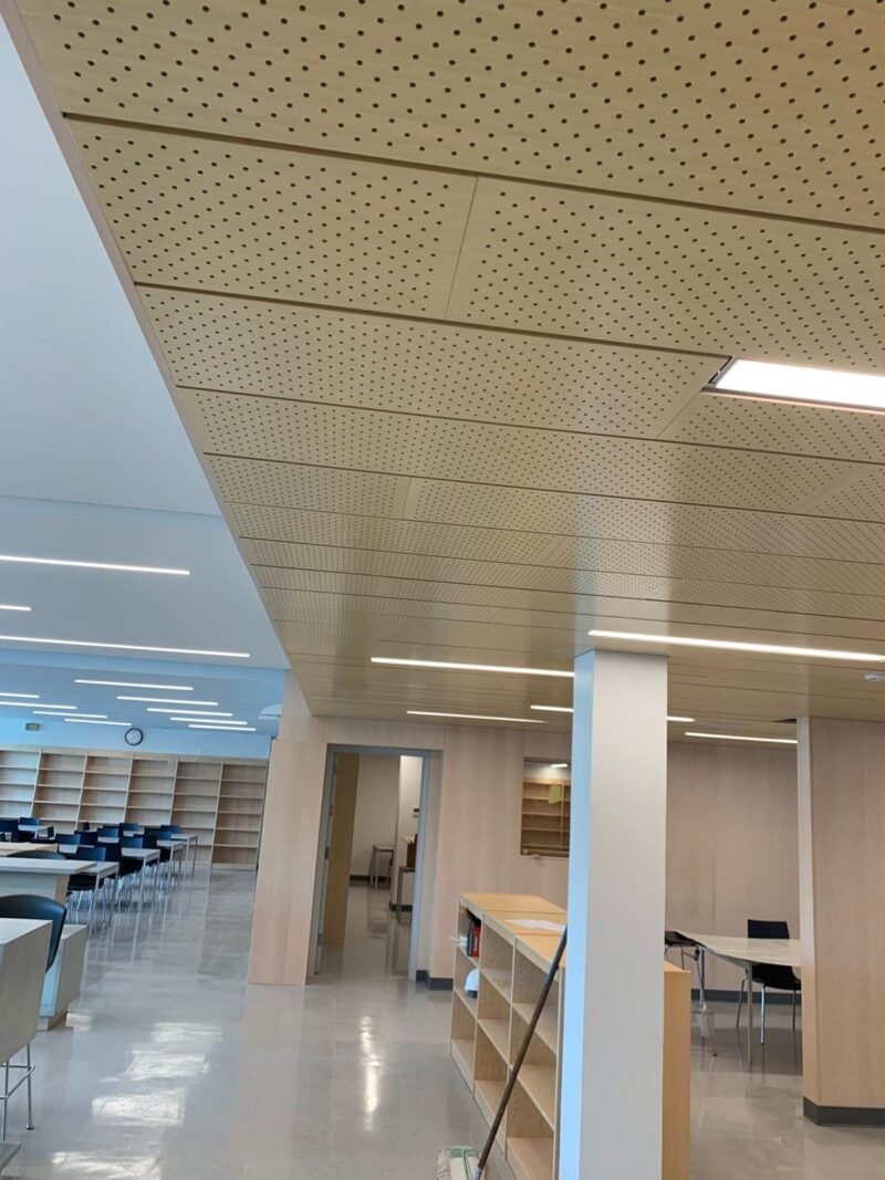 Library with perforated wood acoustic ceiling